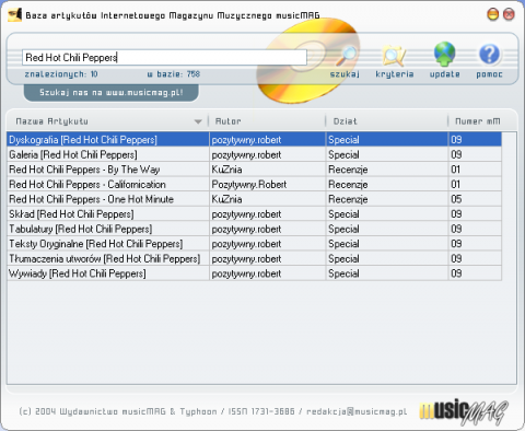 Program Baza Artykułów - okno główne